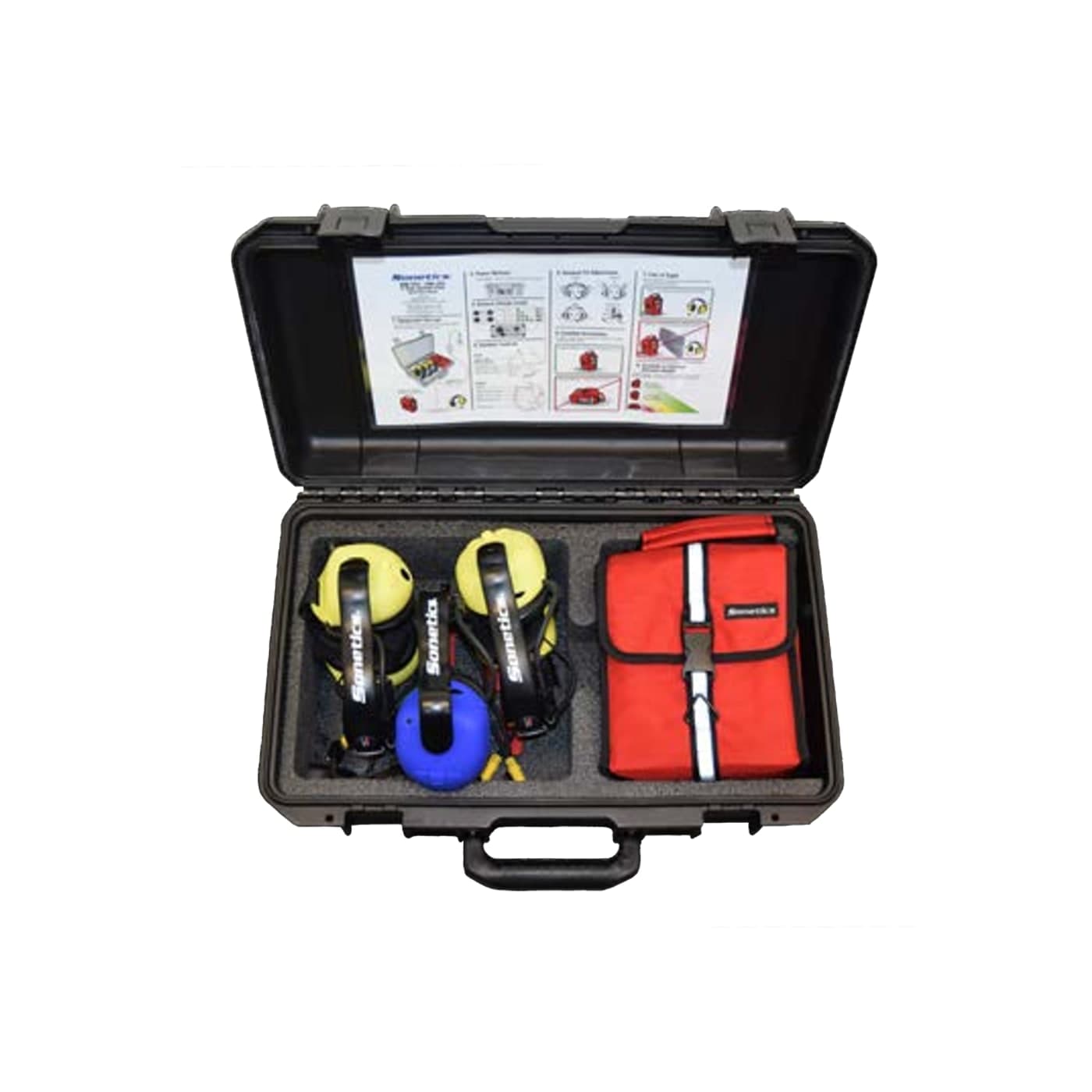 Open Sonetics three-user system case with Apex headsets in custom foam; the non-charging SON-SC3 uses the same case and foam