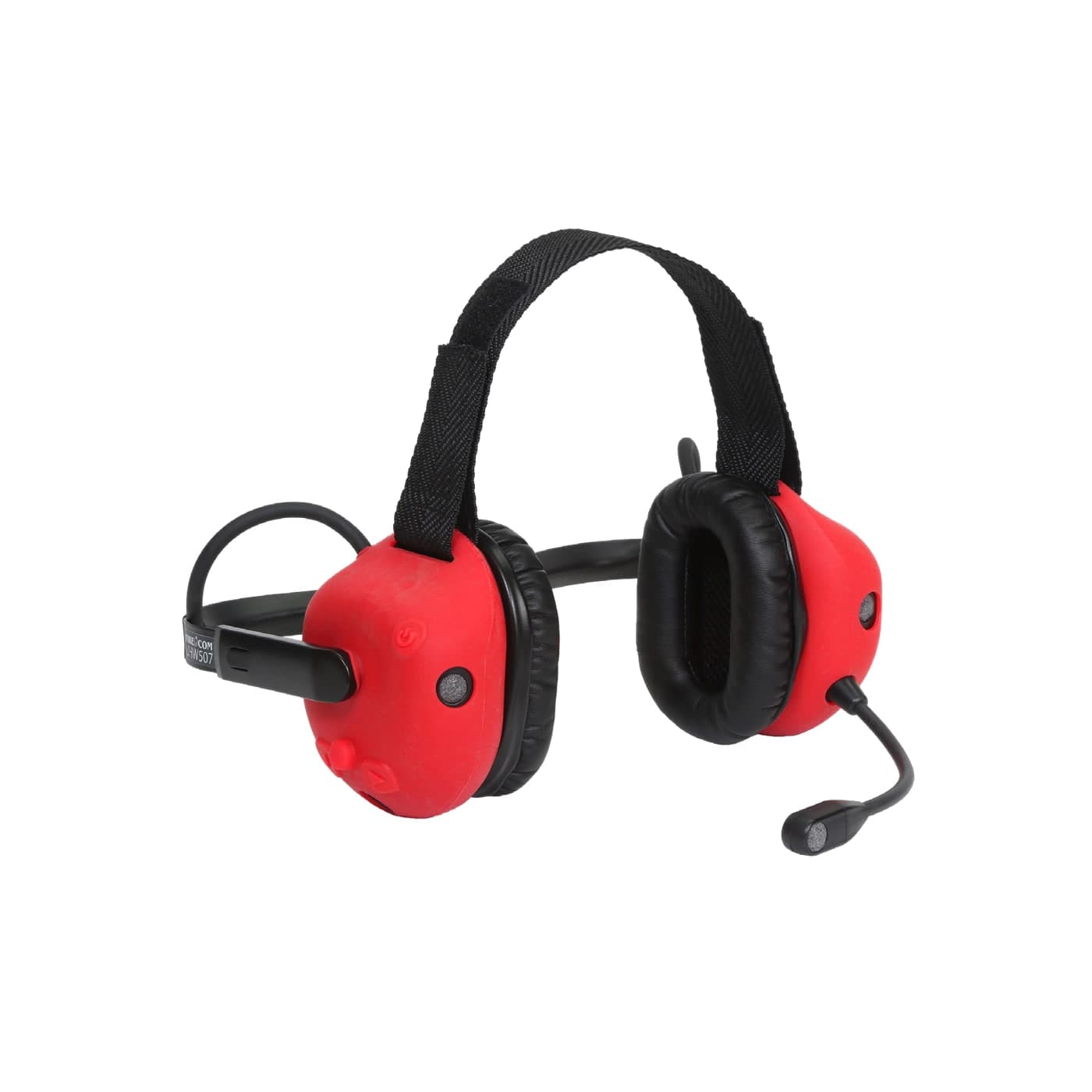 FIRECOM UHW507.V2 wireless headset with red ear domes, a black over-the-head band, and a boom microphone