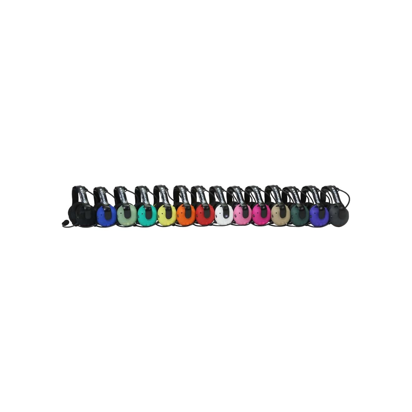 A row of Sonetics Apex headsets in fourteen ruggedizer colours used to identify teams and positions