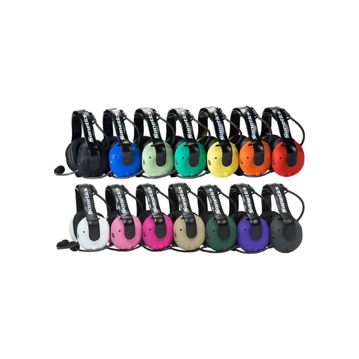 Two rows of Sonetics Apex headsets fitted with silicone ruggedizers in fourteen colours
