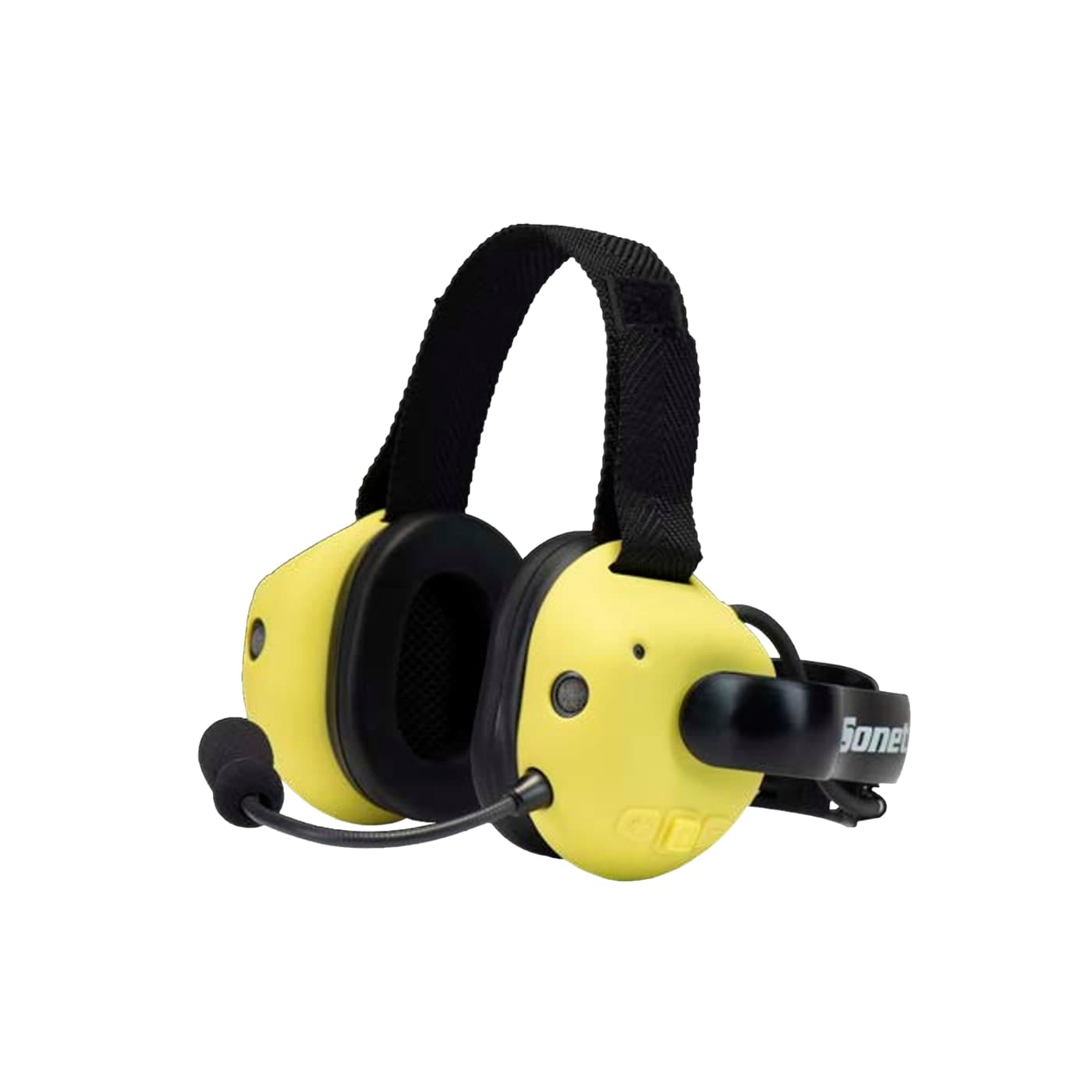 Sonetics APX377 DECT7 wireless headset in the behind-head configuration with high-visibility yellow ear domes and a boom microphone