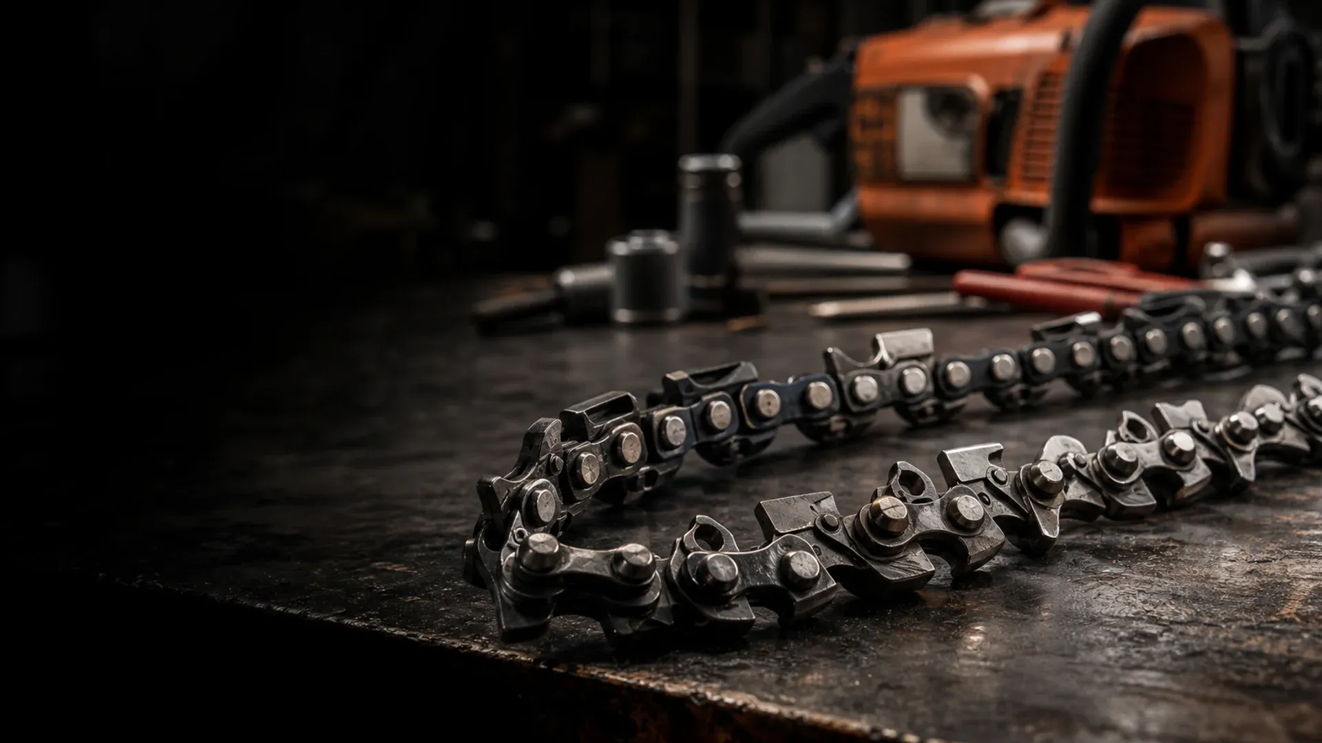Carbide-tipped rescue saw chains on a dark service bench