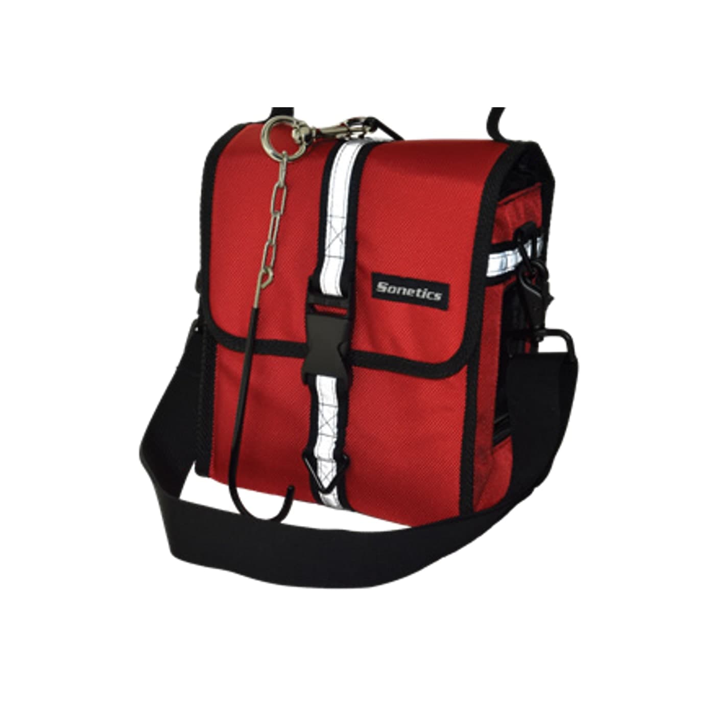 FIRECOM ComHub in its red carry bag with a shoulder strap and a coated hanger hook for hanging the hub on scene