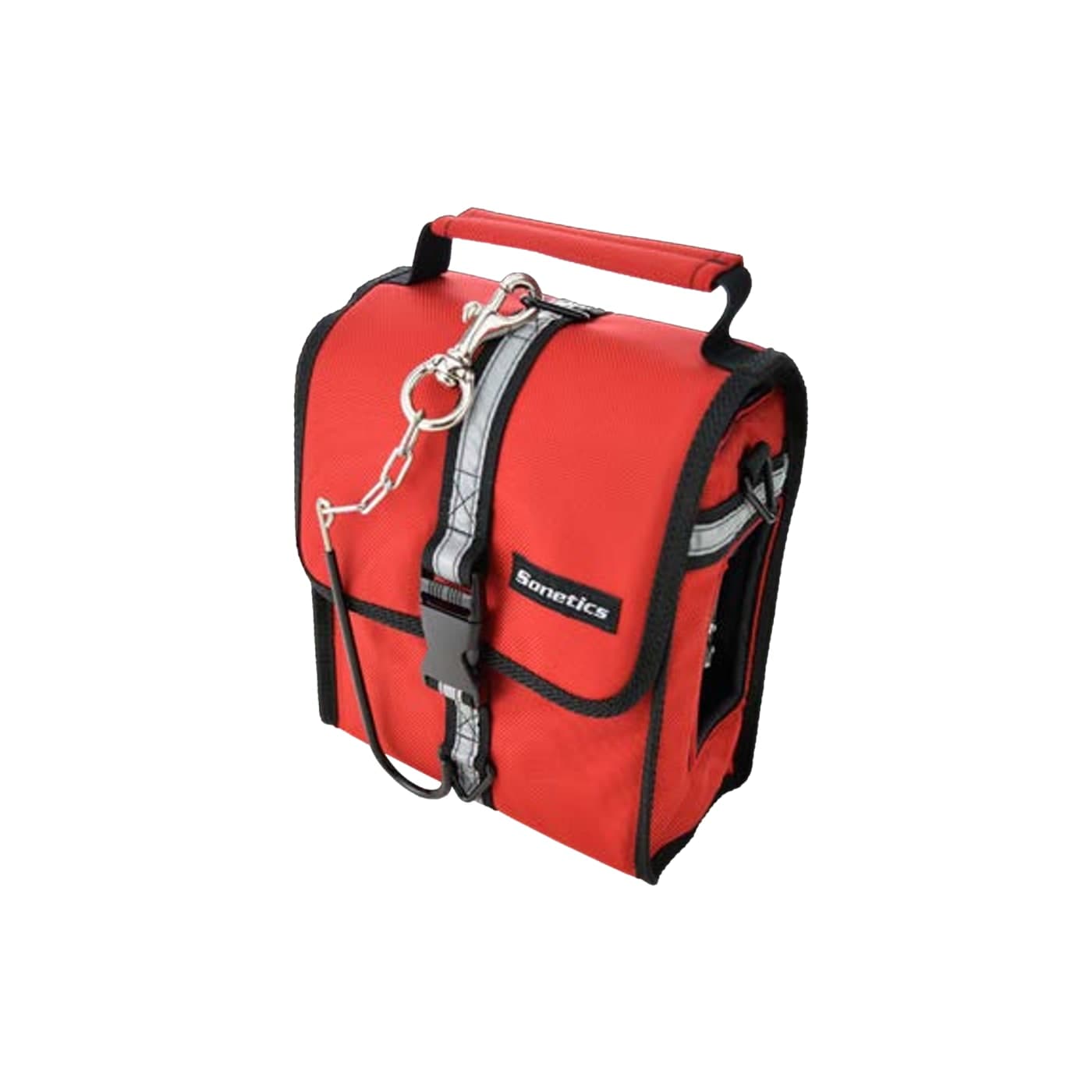 Sonetics portable wireless ComHub in its high-visibility red nylon carry bag with a shoulder strap and a detachable hanger hook