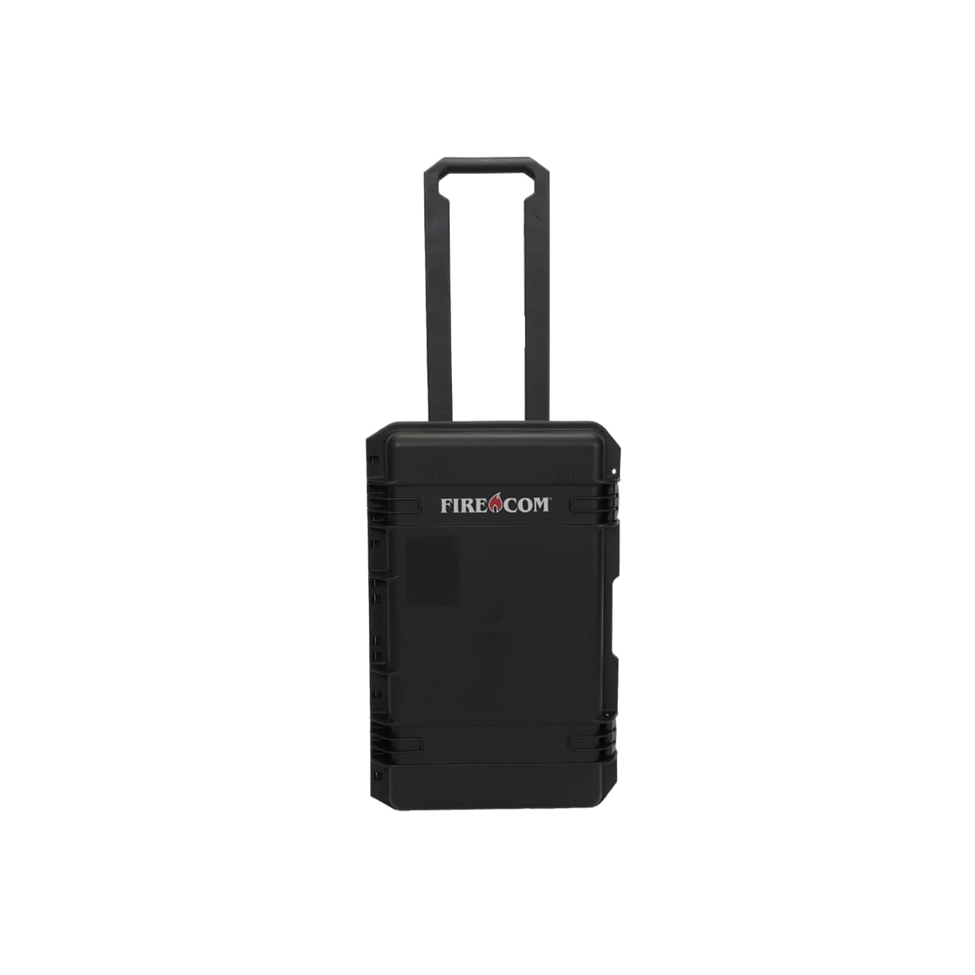 FIRECOM charging case, a black waterproof Pelican case with a telescoping pull handle and inset wheels