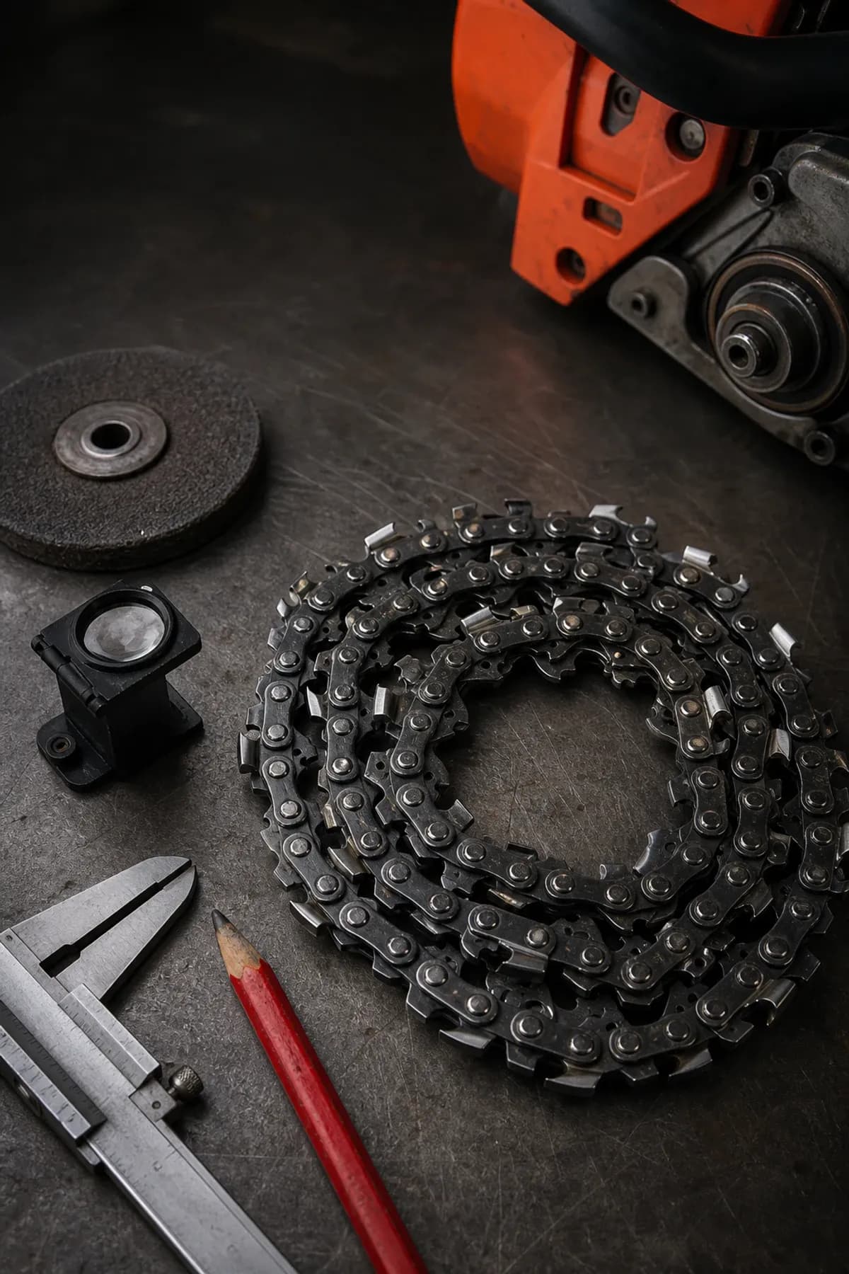 Finished carbide-tipped rescue-saw chain being inspected on a service bench