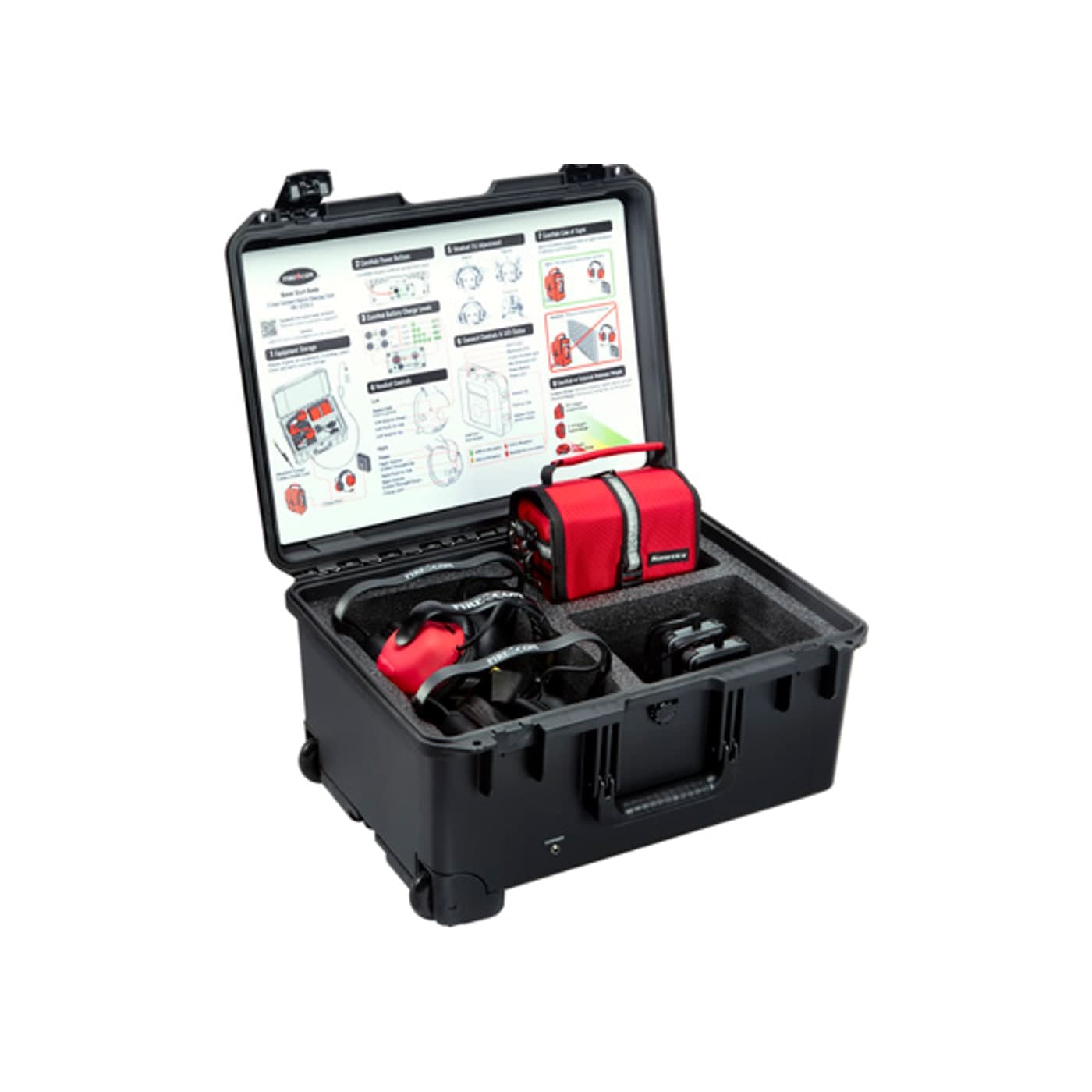 Open FIRECOM charging case with headsets, Firecom Connect units, and accessories seated in custom foam