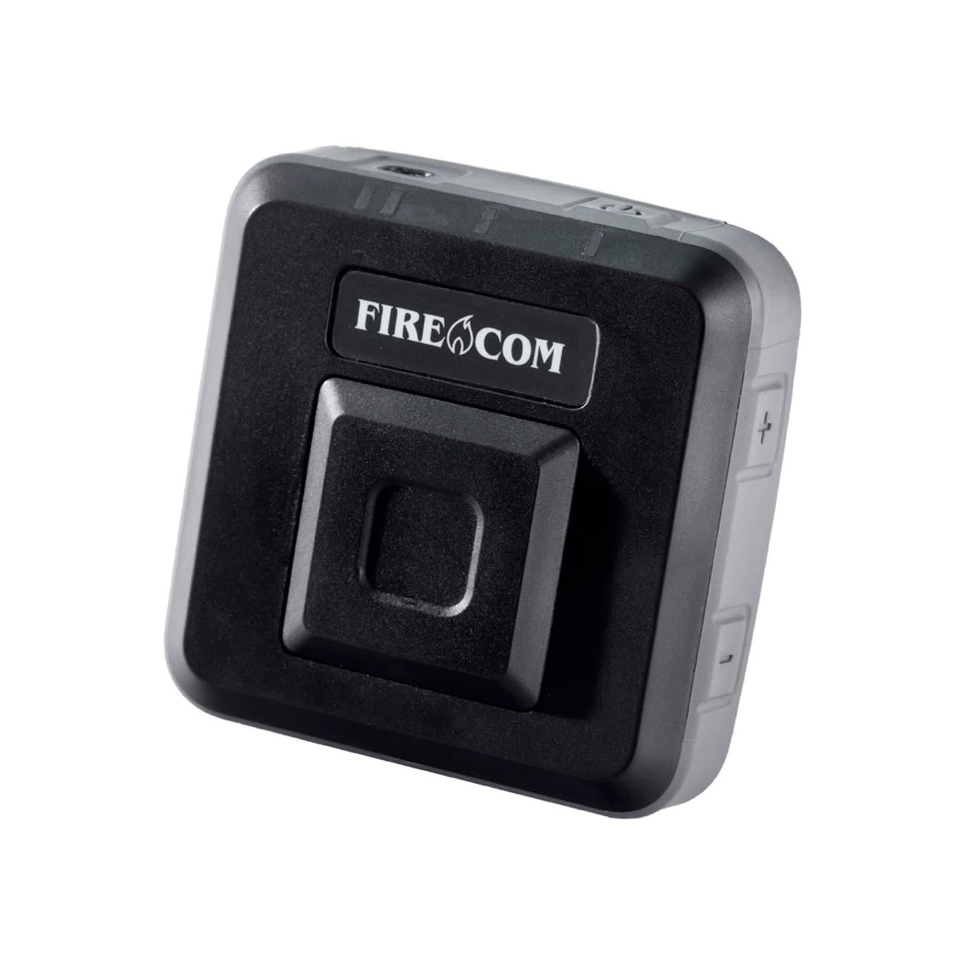 Firecom Connect, a compact black watertight DECT unit with a single large front button and the FIRECOM wordmark