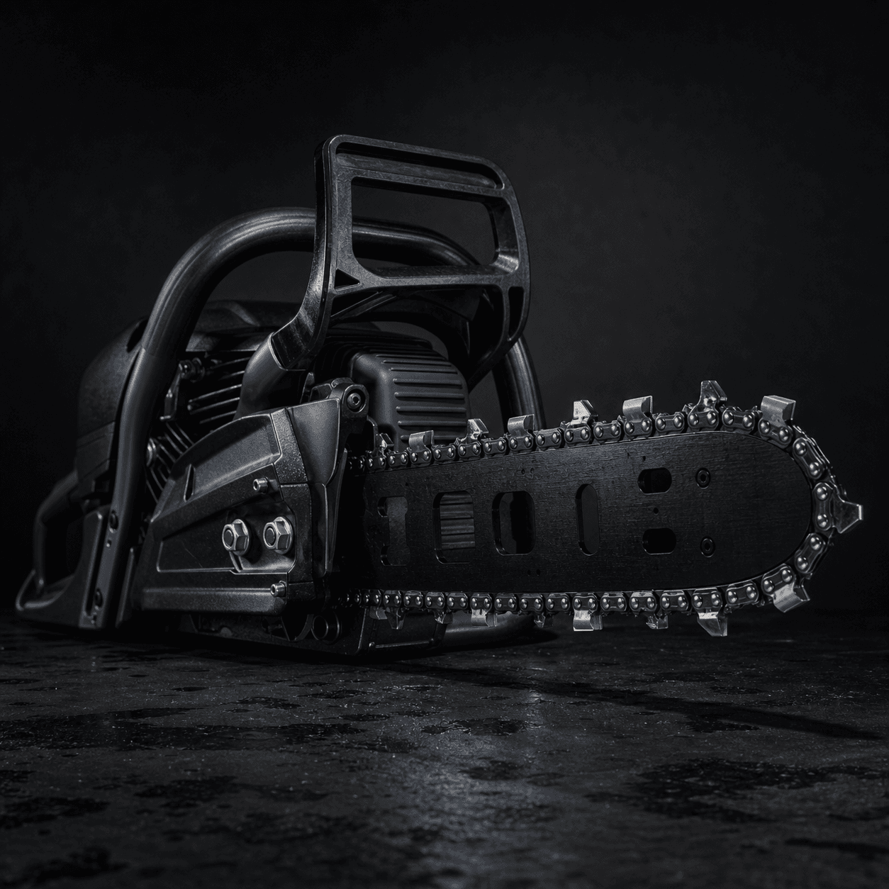 Carbide-tipped ventilation chainsaw cutting package on a dark work surface
