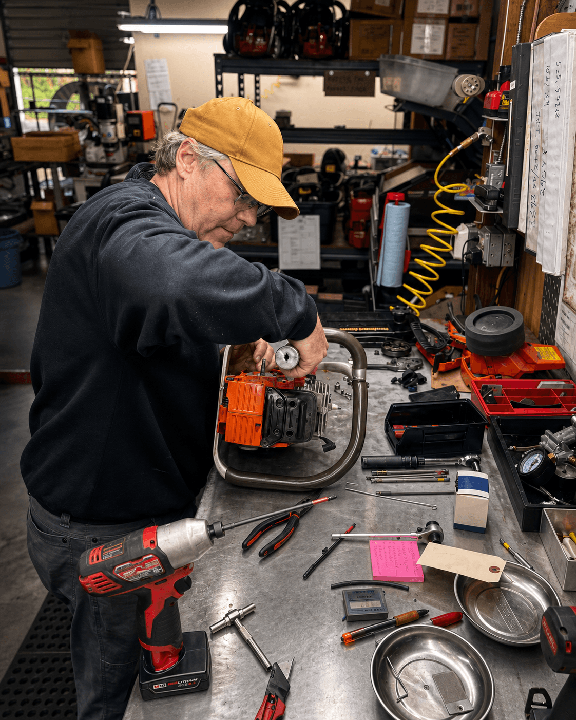 EFES technician inspecting a fire rescue saw at a service bench