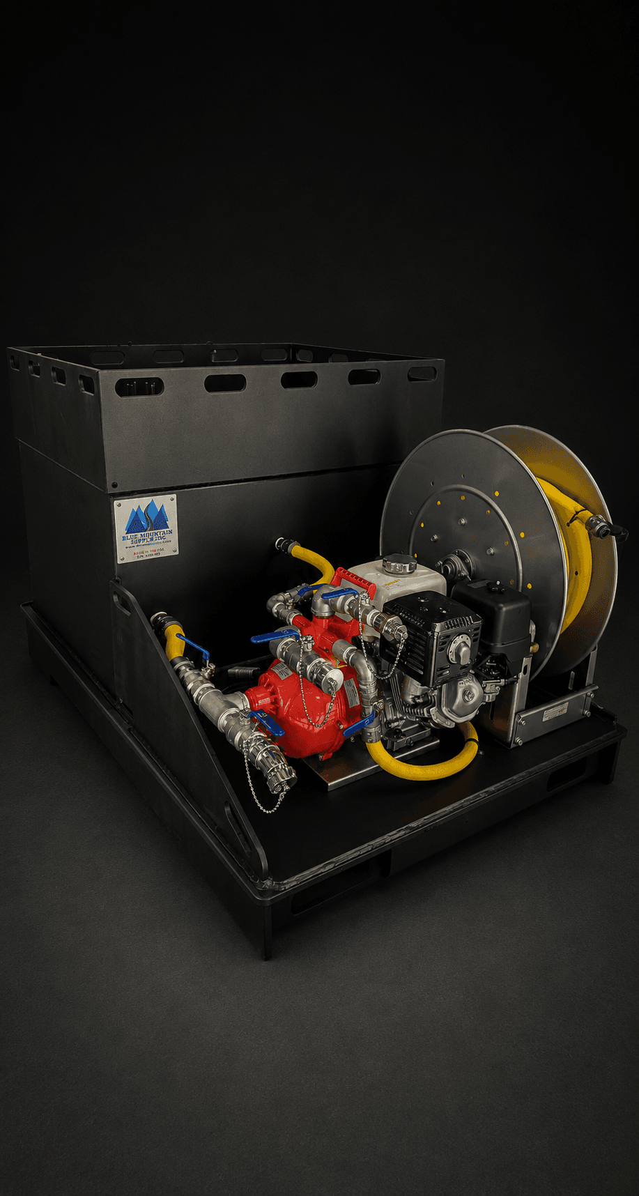 Blue Mountain skid unit with polypropylene tank, pump, plumbing, and hose reel