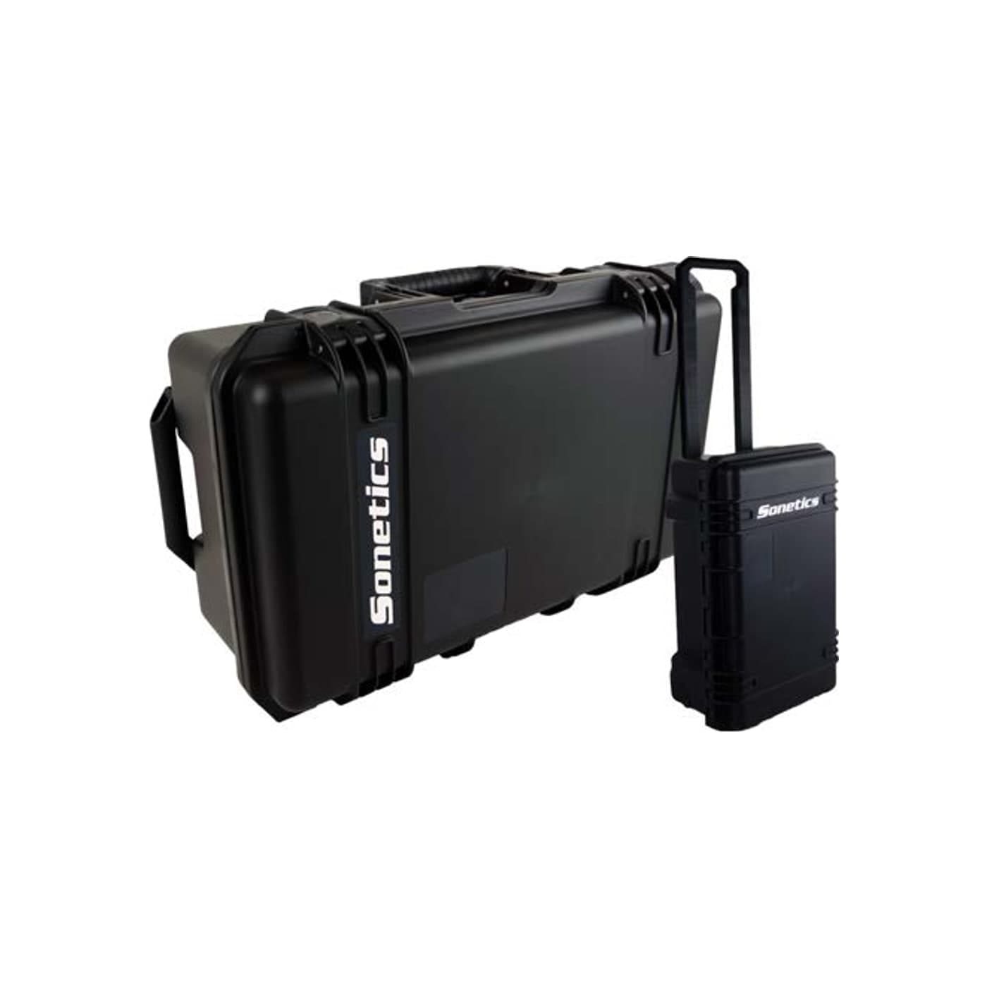 Closed Sonetics system charging case with a telescoping pull handle, shown beside its power supply