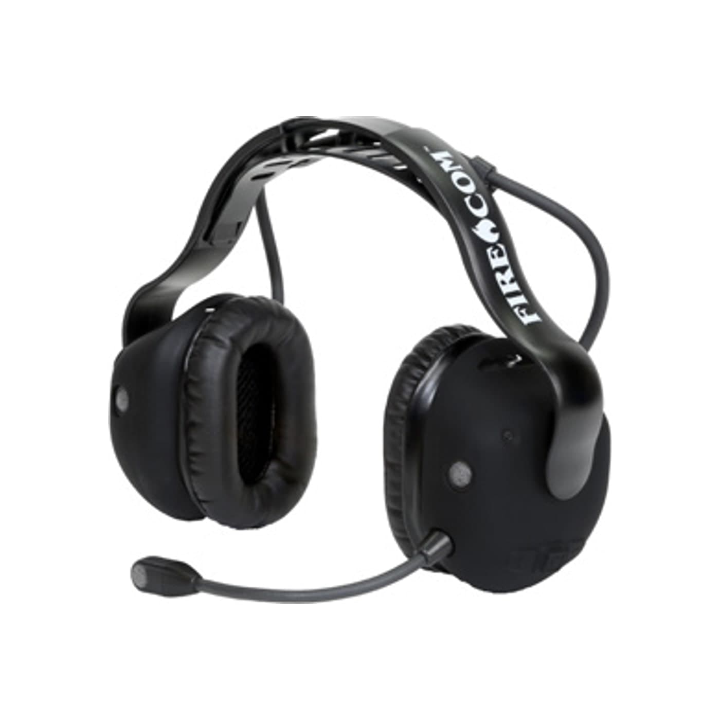 FIRECOM 500-Series wireless headset in the overhead configuration with black ear domes and a boom microphone
