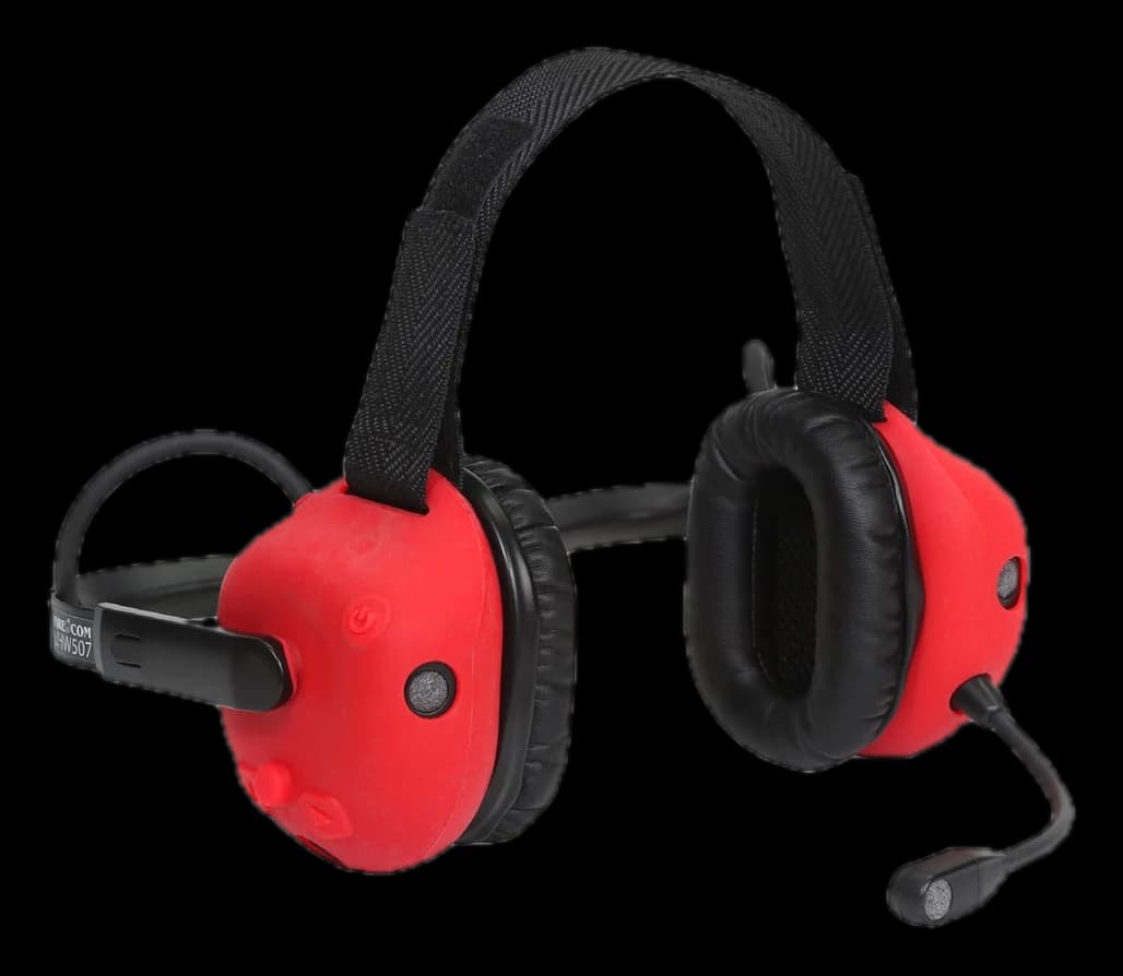 FIRECOM 500 series wireless behind-the-head headset with red ruggedizer covers