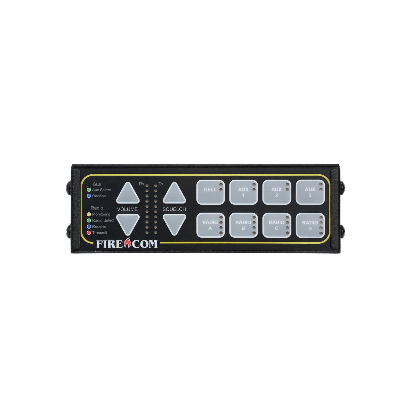FIRECOM 5400D digital intercom, a wide black control panel with radio, aux, and cell selection keys and volume and squelch controls