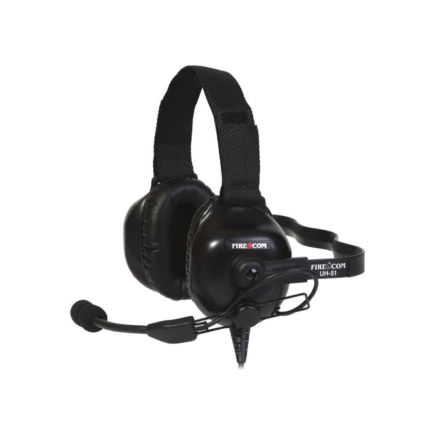 FIRECOM UH-51 wired under-helmet headset with black ear domes, a fabric headband, and a boom microphone