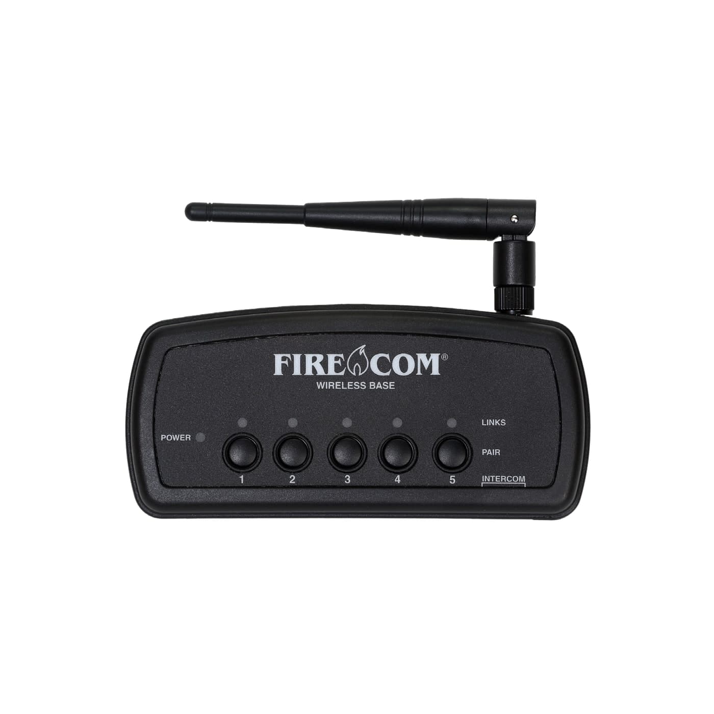 FIRECOM WB505R wireless base station, a black five-channel DECT7 base with an upright duck antenna and five numbered pairing indicators