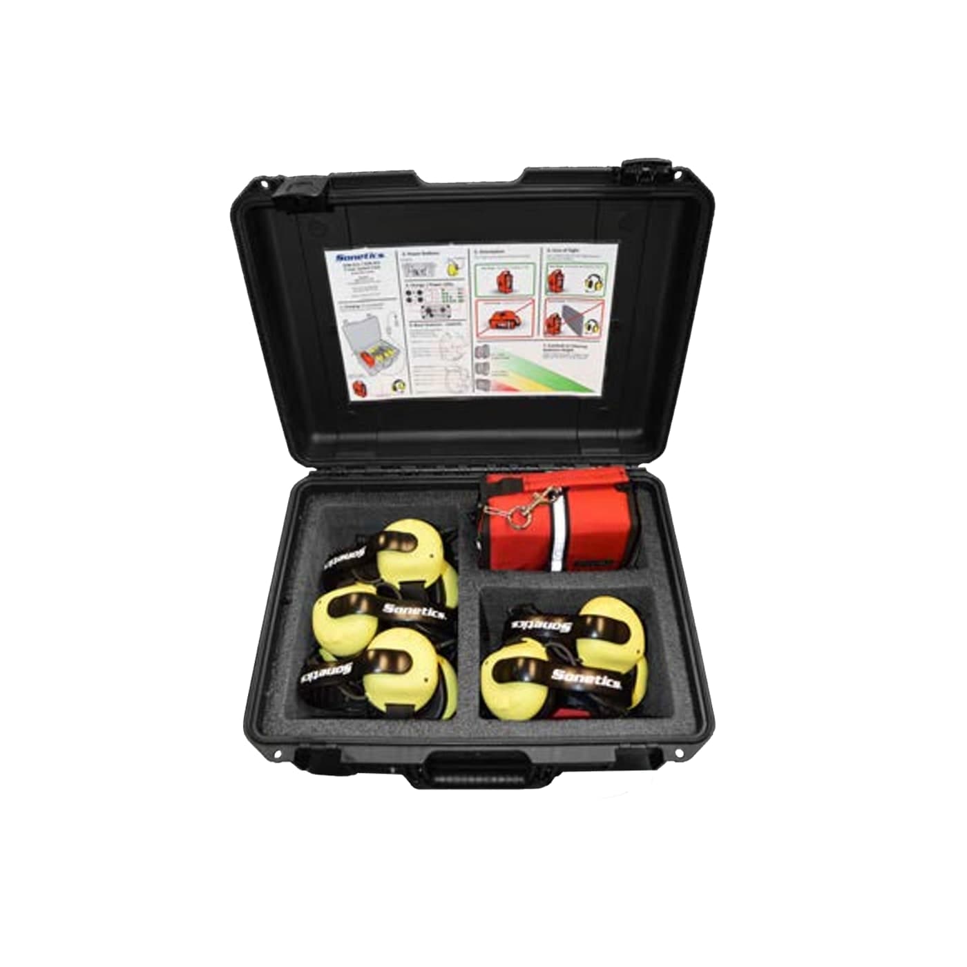 Open Sonetics five-user system case with Apex headsets and a ComHub seated in custom foam dividers; the non-charging SON-SC5 uses the same case and foam