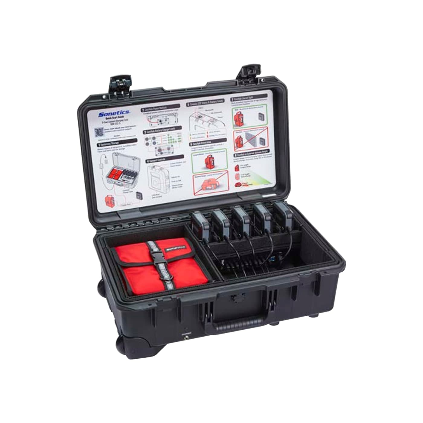 Open Sonetics five-user Apex Connect case with Connect units and a USB charge hub seated in custom foam