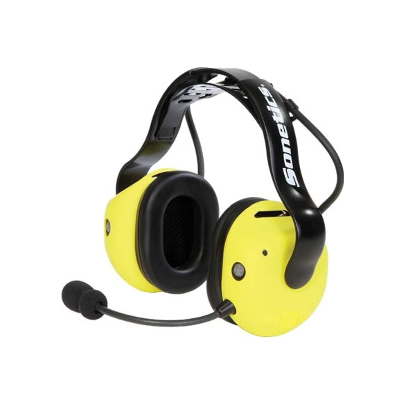 Sonetics APX379 DECT7 wireless headset in the overhead configuration with high-visibility yellow ear domes and a boom microphone