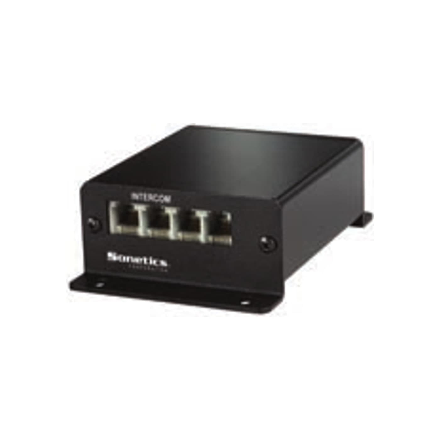 Sonetics SON104 four-position analog intercom, a compact black steel unit with four base-station ports across the front panel