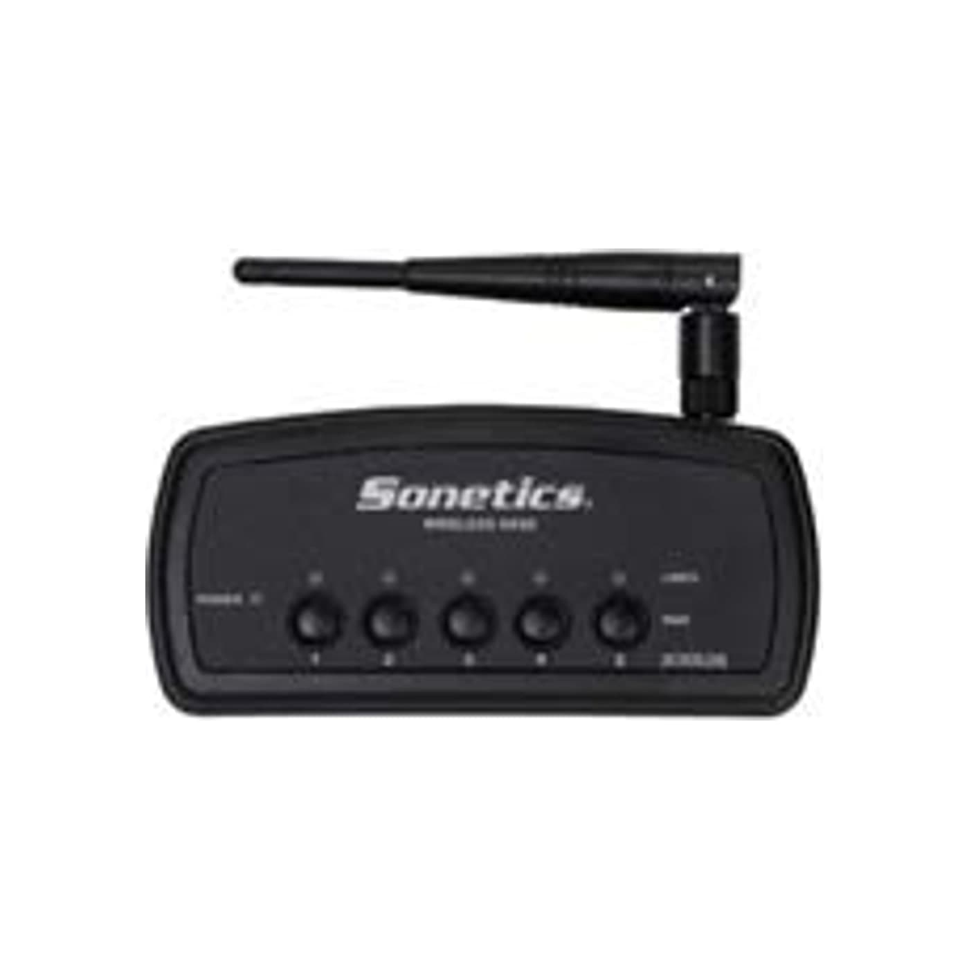 Sonetics SON150 DECT7 wireless base station, a compact black base with an upright antenna and five channel indicators
