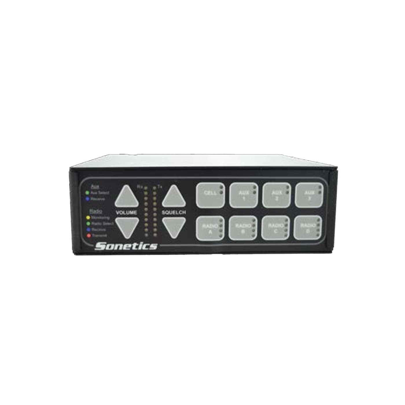 Sonetics SON200-Series digital intercom, a wide control panel with radio and volume keys and channel status indicators