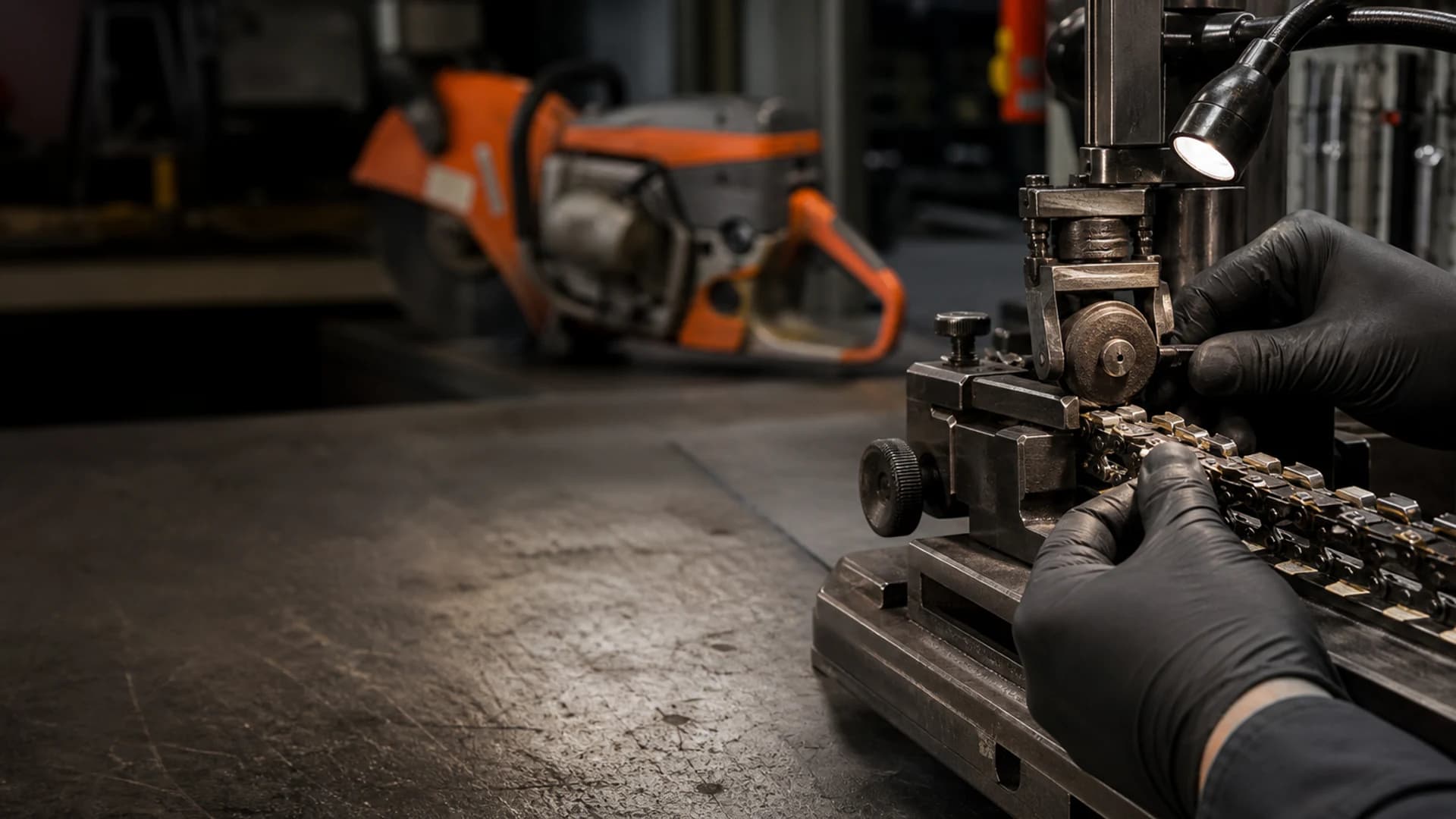 Professional technician using specialized tooling to service a carbide-tipped chain
