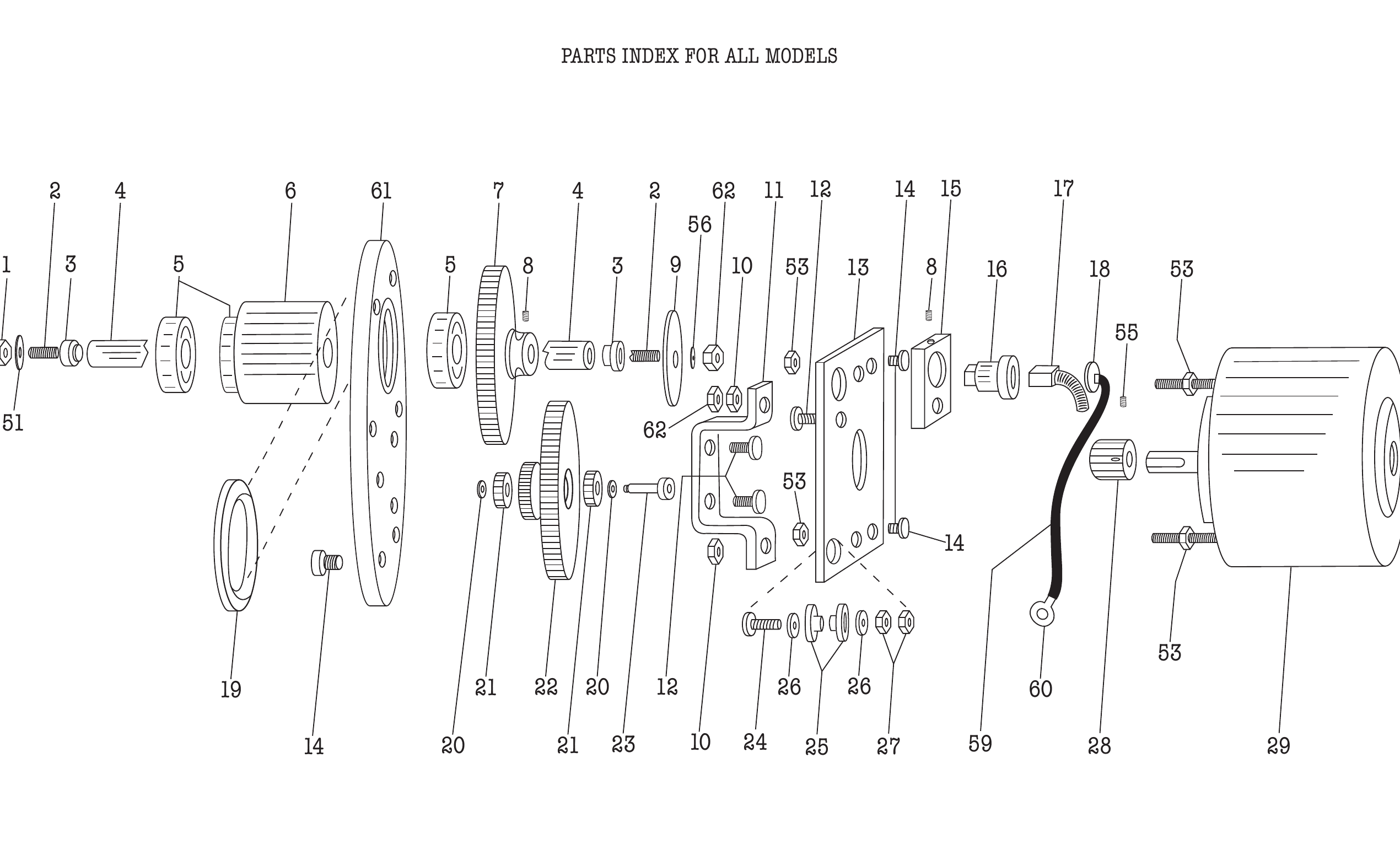 Exploded Roto-Ray drive and motor assembly with numbered parts callouts